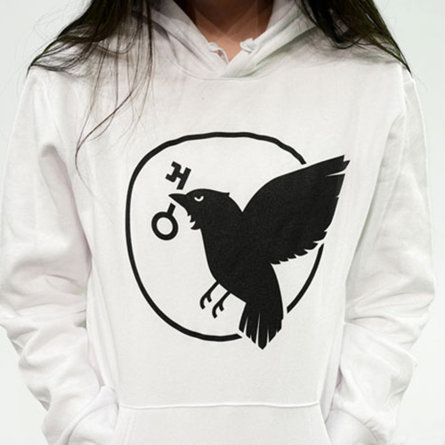 White hoodie sweatshirt with Wisdom raven logo